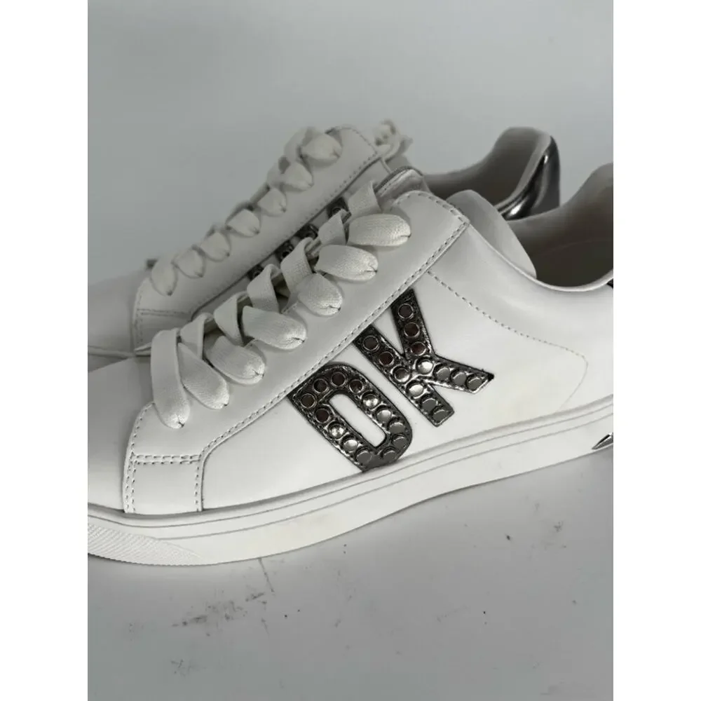 DKNY Abeni Sneakers Logo Detail Lace Up White Silver - Size 8.5M